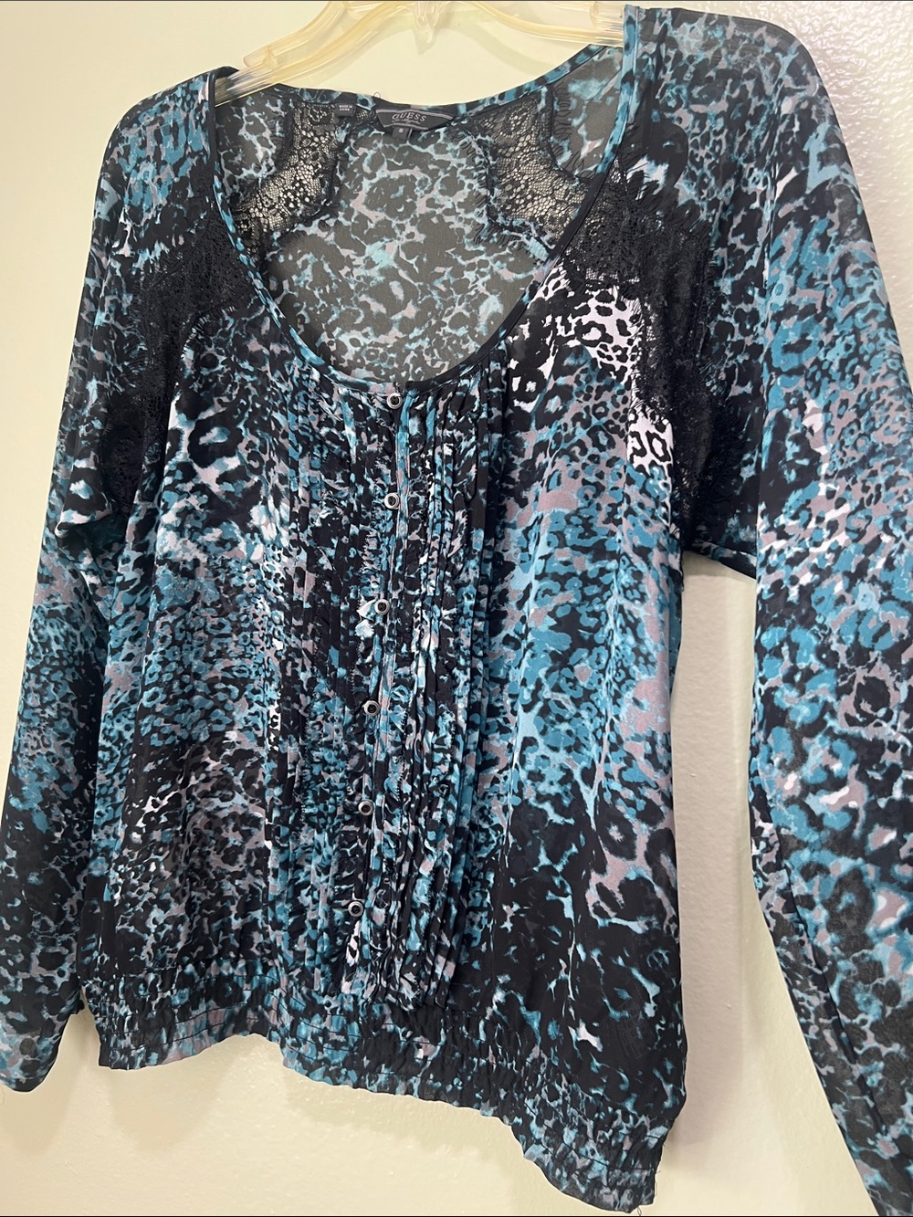 Guess Blue and Black Animal Print Button-Front Blouse